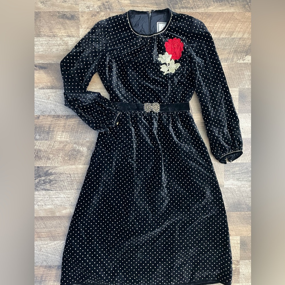 Elegant Black Polka Dot Midi Dress with Red Floral Accent